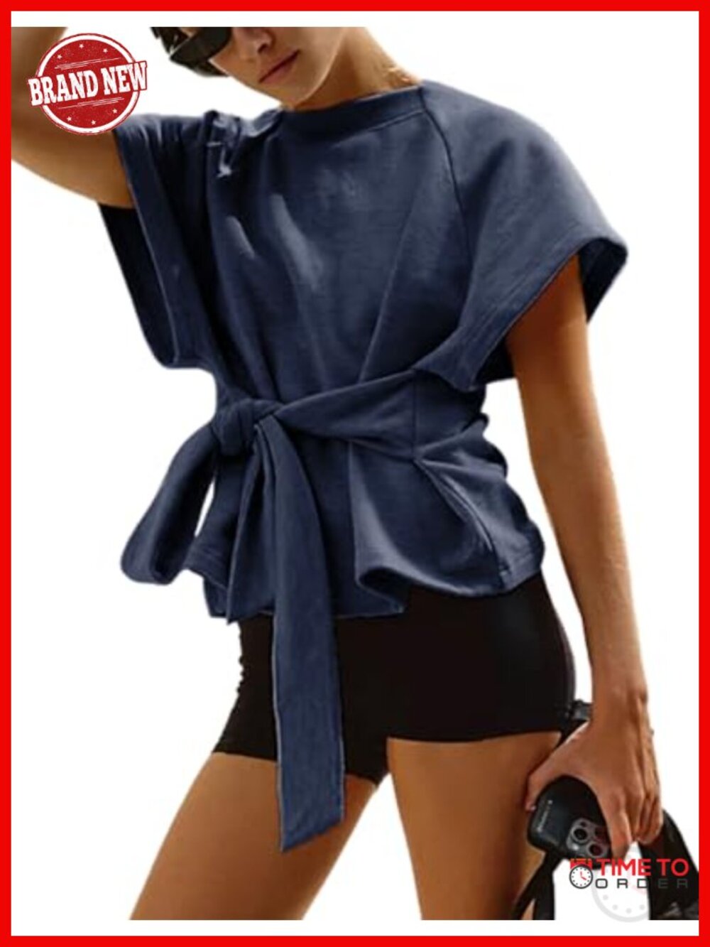 Women's Summer Short Sleeve Crewneck Tie Knot Athleisure Top
